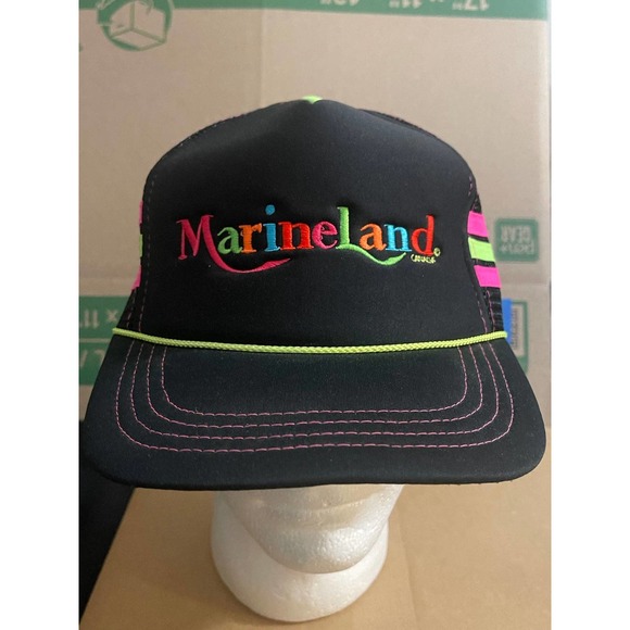 Vintage Marine Land Canada‎ Trucker Hat Cap Snapback Mesh Black 3 Stripe Rope - Picture 1 of 7